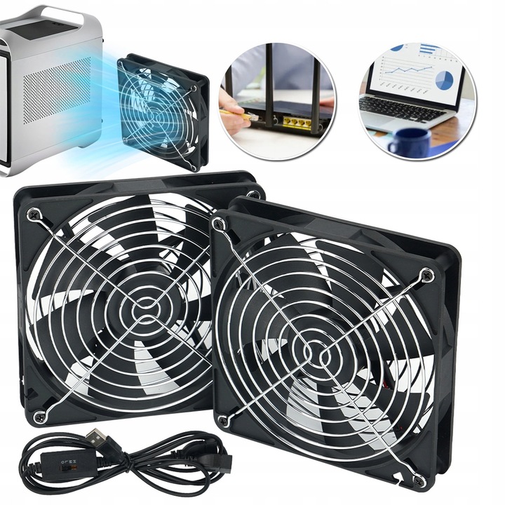 Set de 2 ventilatoare USB 140mm, 3 viteze, negru, 14x14x2,5cm