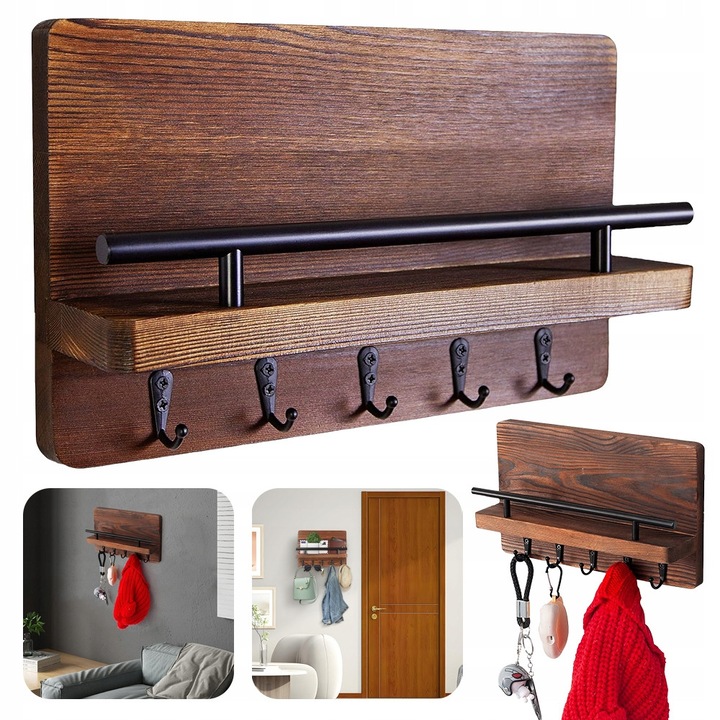Raft de perete din lemn cu 5 carlige, dimensiuni 25x18,5x7,5cm, culoare naturala