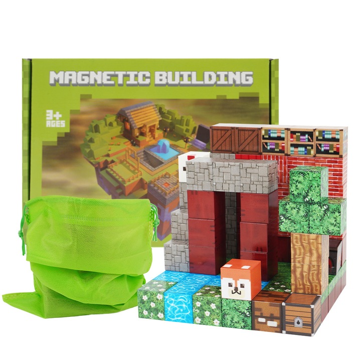 Set cuburi magnetice de construit, 3D, colorat