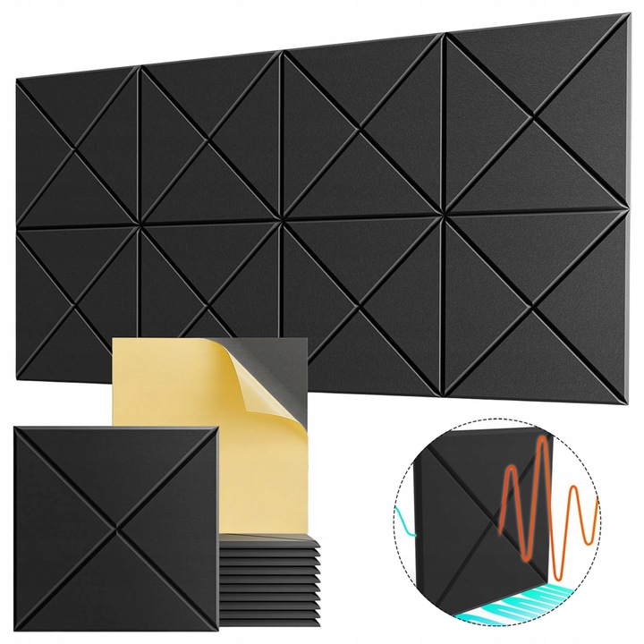 Set 12 panouri acustice autoadezive, poliester, negru, 30x30x0,9cm