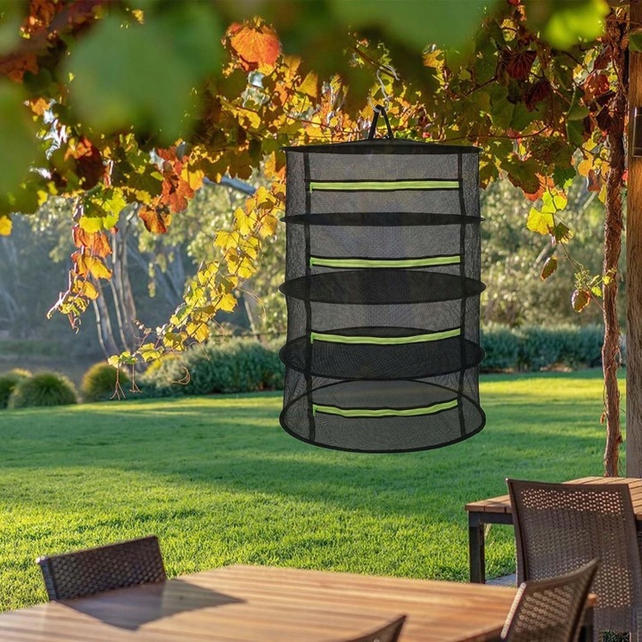 Uscator de ierburi, 4 straturi, 60cm, negru/verde, set cu carlig si sac de depozitare