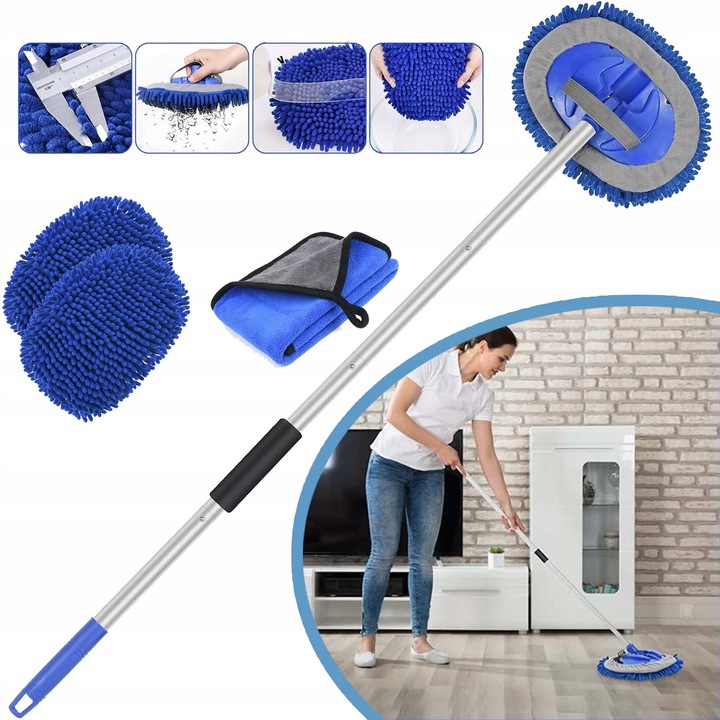 Set mop pentru spalarea masinii, 160 cm, cap rotativ, 2 perii din microfibra, multicolor