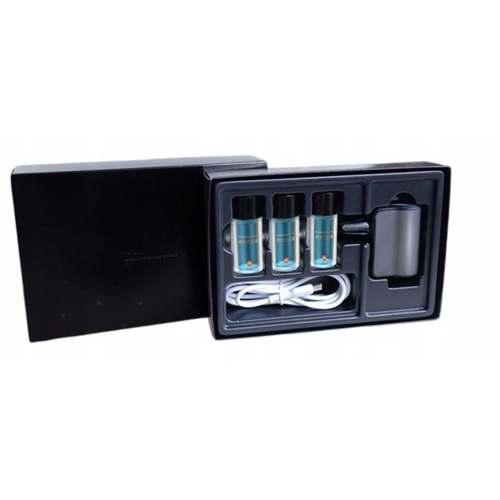Difuzor aromaterapie pentru masina, 3 moduri de functionare, 3 uleiuri esentiale 10ml, dimensiuni 63x41x29mm, set complet