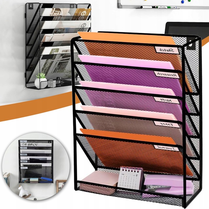 Suport documente, organizer metalic, 6 niveluri, negru, 40x10x32.5cm, set complet