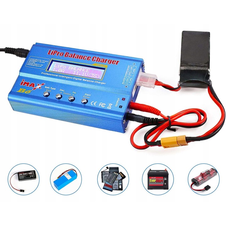 Incarcator LiPo IMAX B6, 80W, 1-6 celule Li-Ion/Li-Po/Li-Fe/NiMH/NiCd, set cu cabluri si manual