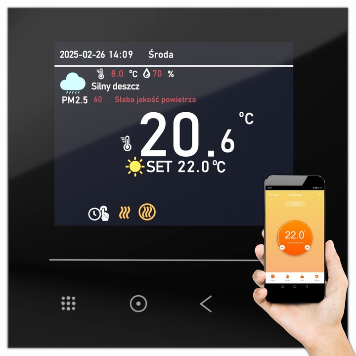 Termostat programabil WiFi Acurel, control temperatura, senzor de podea, negru, 86x86x15mm, set complet