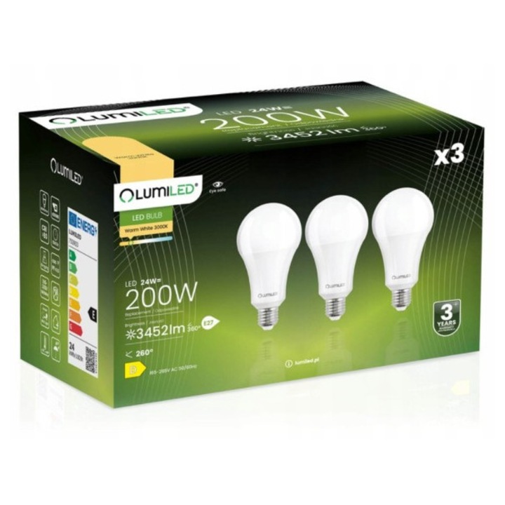Комплект 3 LED крушки E27 A60 24W, 3452lm, 3000K, Lumiled