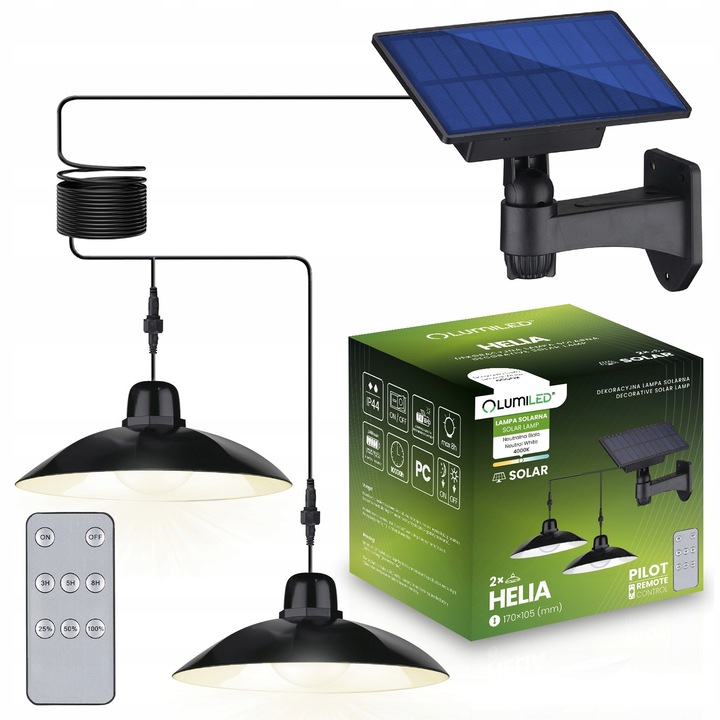 2x Lampa Solara LED HELIA készlet, 3.7V, 2200mAh, fekete, napelem panellel és távirányítóval