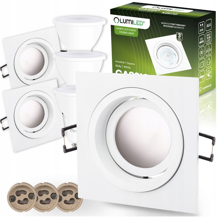 Комплект 3x халогенни лунички Lumiled, квадратни, подвижни, 6W, 3000K