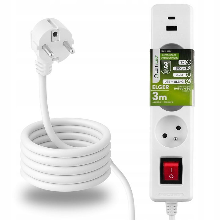 Разклонител със заземяване Lumiled ELGER, 3 гнезда, 3м, USB и USB-C, бял