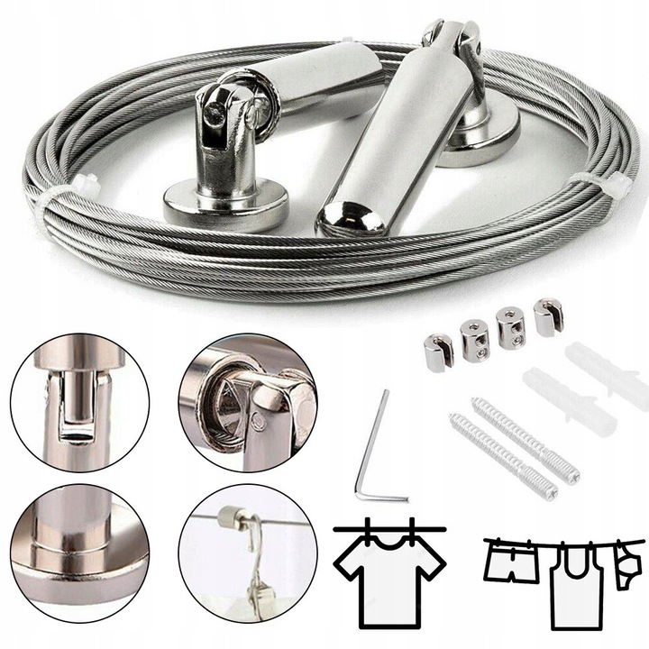 Sistem de prindere pentru perdele, 5m, inox, argintiu, set complet