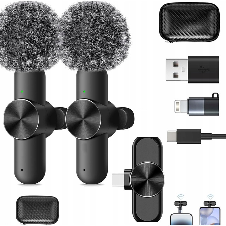 Vezeték nélküli lavalier mikrofon szett, fekete, 2x Type-C adapter, 2x zajszűrő hegy, 20m átvitel, 5h üzemidő