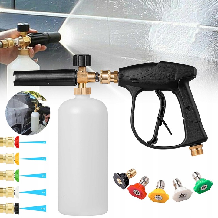 Pistol de spuma pentru spalatorie cu 5 duze, 1L, M22, alb, set complet