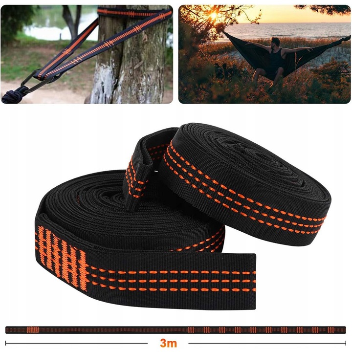 Set de suspensie pentru hamac, 2 bucati, negru si portocaliu, 300x2,5cm