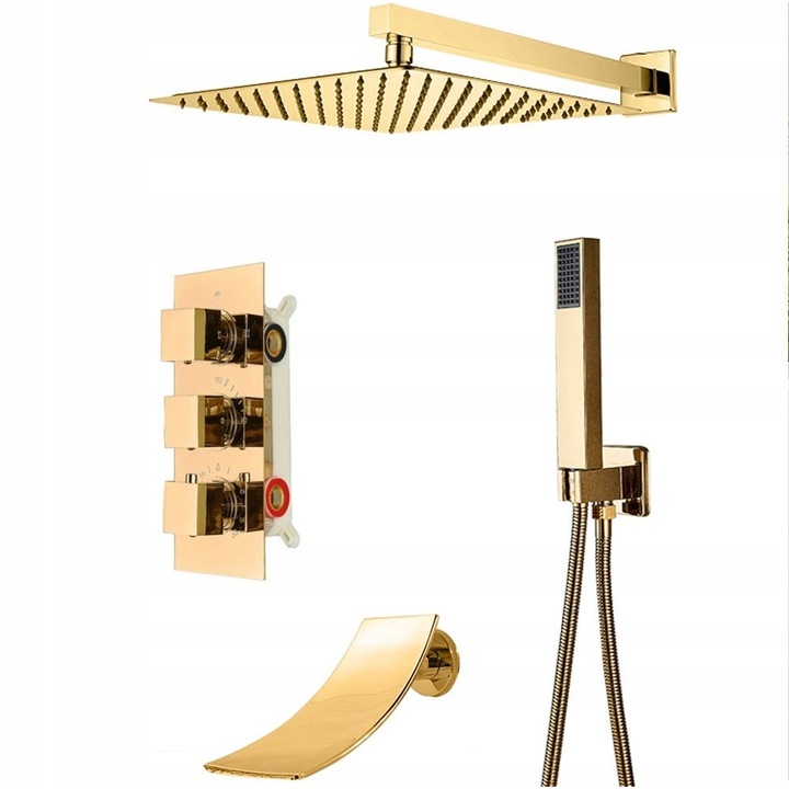 Baterie termostatica pentru dus, PDS, serie PREMIUM, finisaj auriu, dimensiune 30x30cm, set cu furtun si cap de dus