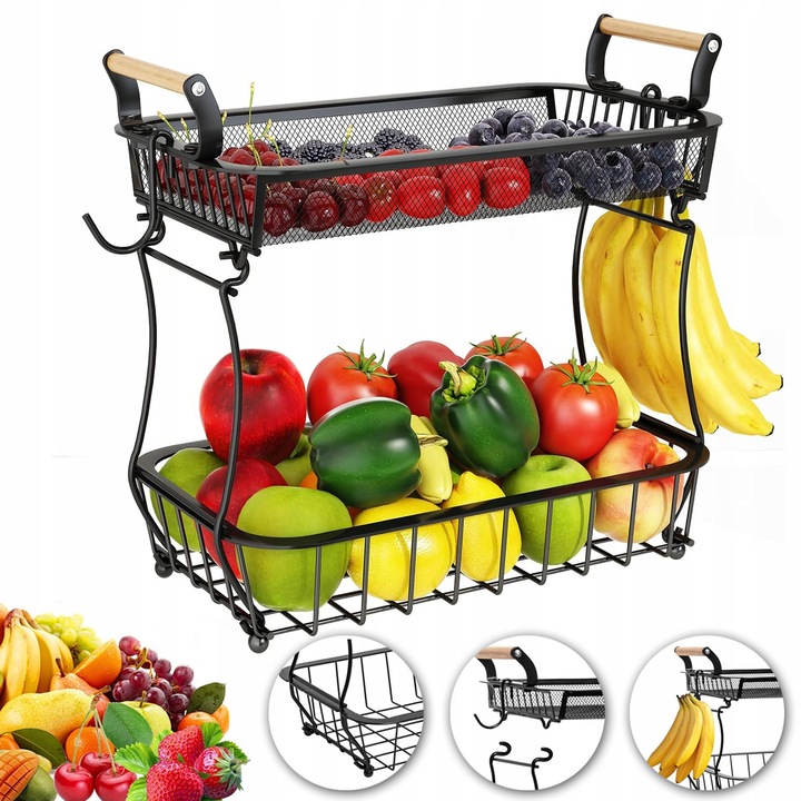 Cos de fructe cu suport, 2 suporturi pentru banane, negru, 14,5x12,6in, set