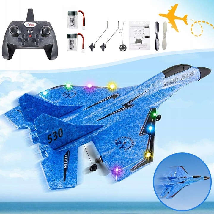 Avion RC, 42,5x32,5x10cm, 2 baterii 3,7V 300mAh, albastru, set complet