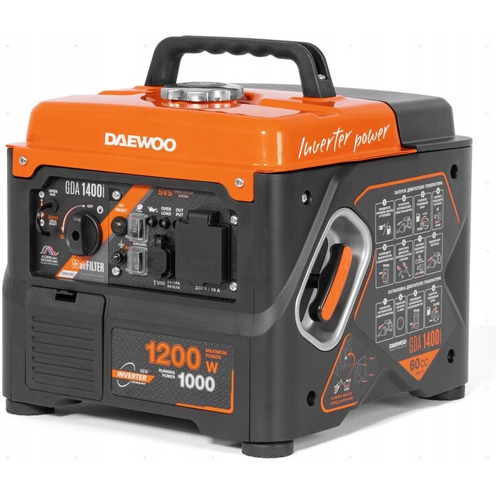 Generator electric DAEWOO GDA 1400i, 1.2 kW, 230V, 12.4 kg, cu USB
