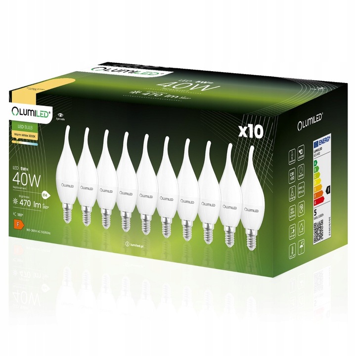 Set 10 Becuri LED E14 PLOMYK 5W = 40W 3000K, 470lm, Alb Calduros, 35x117mm