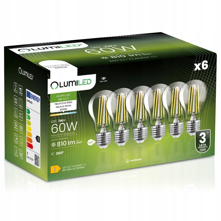 Set 6 Becuri LED E27 A60 7W 4000K Lumiled, 810lm, Filament, Transparent