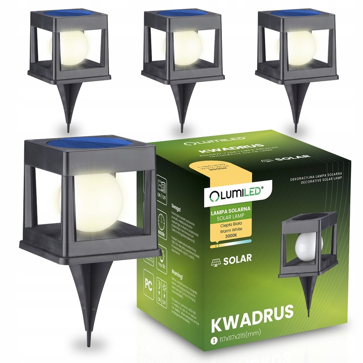 Комплект 4x LED соларна лампа KWADRUS 3000K, черен цвят, размери 11.7x21.5cm