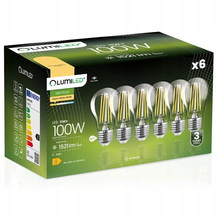 Set 6 Becuri LED E27 A60 11W 1521lm 3000K Culoare calda