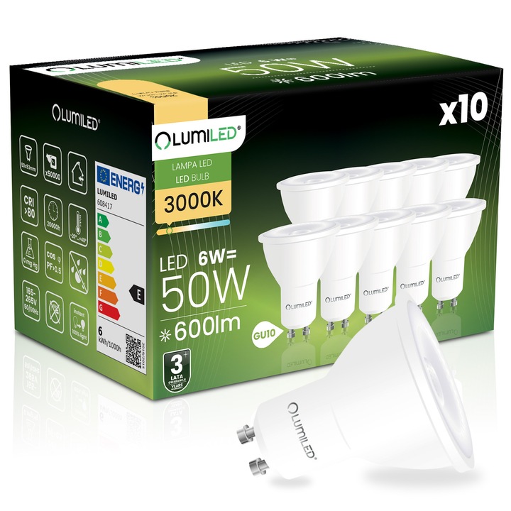 Set 10 Becuri LED GU10 6W 600lm 3000K, Lumiled, Alb, PAR16