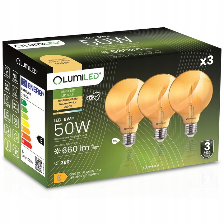Set 3 Becuri LED E27 G95 6W 660lm 2000K Culoare Amber