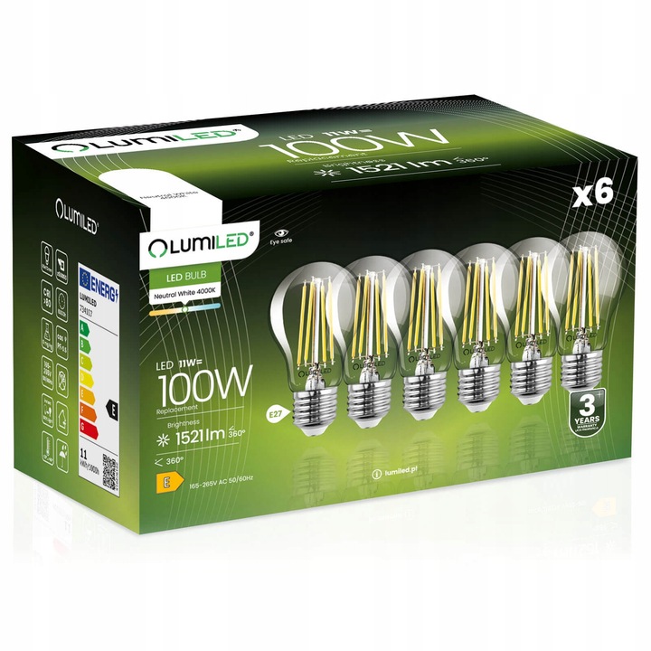 Set 6 Becuri LED E27 A60 11W 1521lm 4000K Neutrala Filament