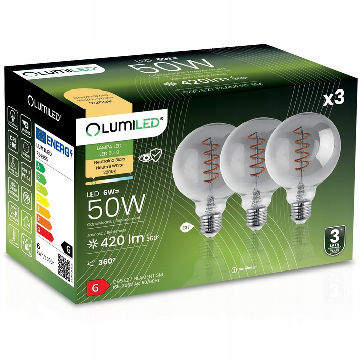 Set 3 Becuri LED E27 G95 6W 420lm 2200K Lumiled
