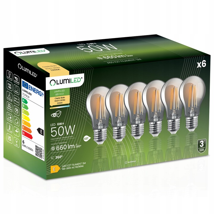 Комплект от 6 LED крушки E27 A60 6W 660lm 2200K Димна светлина