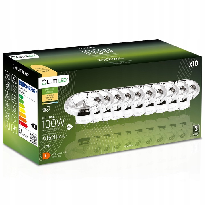 Комплект 10 LED крушки G53 AR111 15W 1521lm 3000K 24 12V Сребърни
