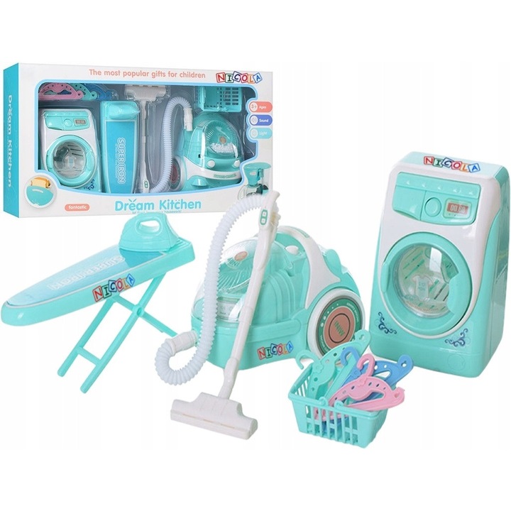 Gyermek takarítókészlet Nicola Toys, kenyérpirító, porszívó, mosógép, vasalódeszka, többszínű, méretek: 14x10x7,5cm, 16x8,5x5,5cm, 13x11x10cm