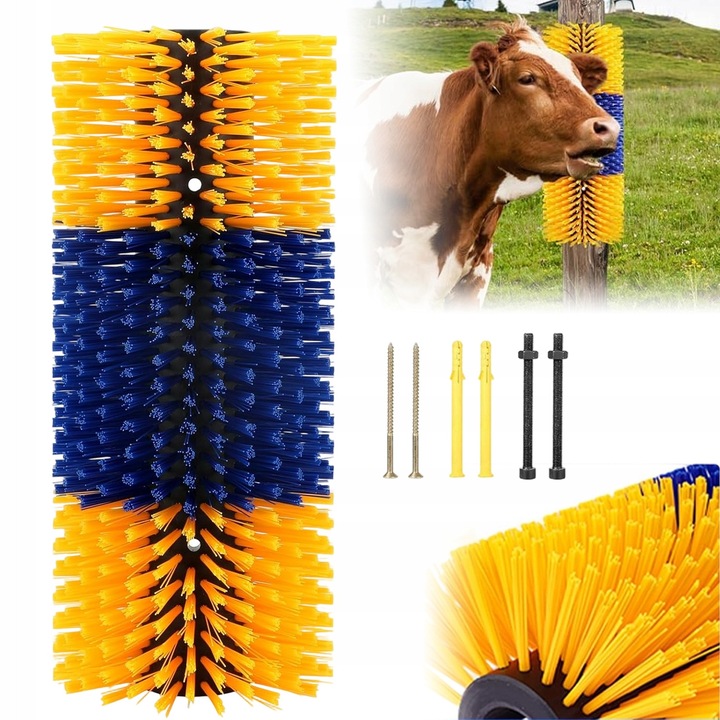 Perie pentru animale, pentru bovine, cai, 30x10cm, galben/albastru