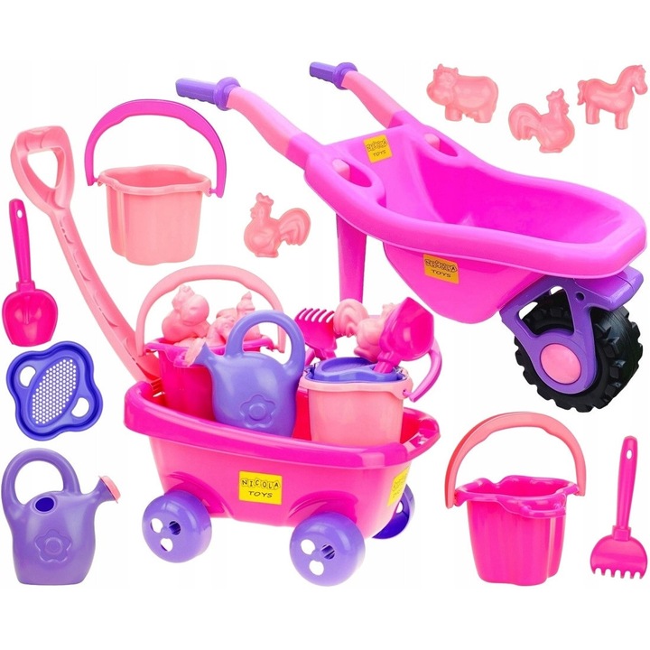 Set jucarii pentru nisip, roaba, 12 elemente, multicolor, 72x35x31cm