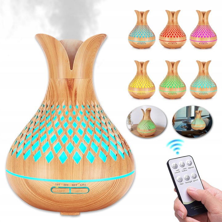 Umidificator cu difuzor de aroma, 500ml, iluminare LED, natur