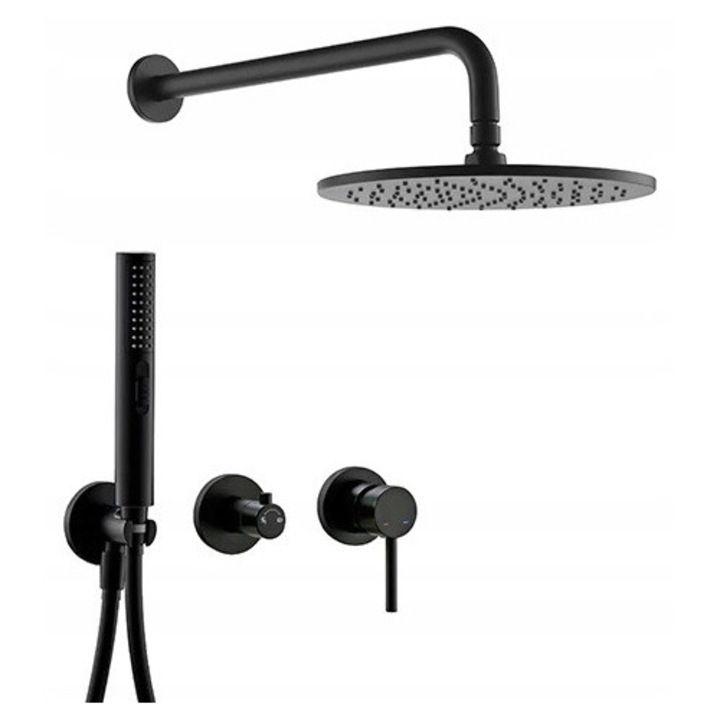 Baterie prysznic, negru mat, set cu deszczownica si waz, ceramica, 25cm