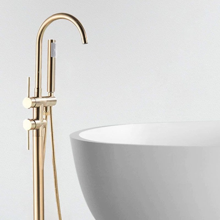 Baterie sanitara de baie, model PREMIUM EXCLUSIVE, ceramica, finisaj auriu mat, montare pe podea, set complet