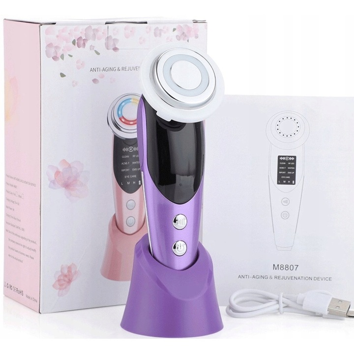 Aparat masaj facial EMS PDS 2.0, 7 moduri, fototerapie cu lumina rosie si albastra, mov