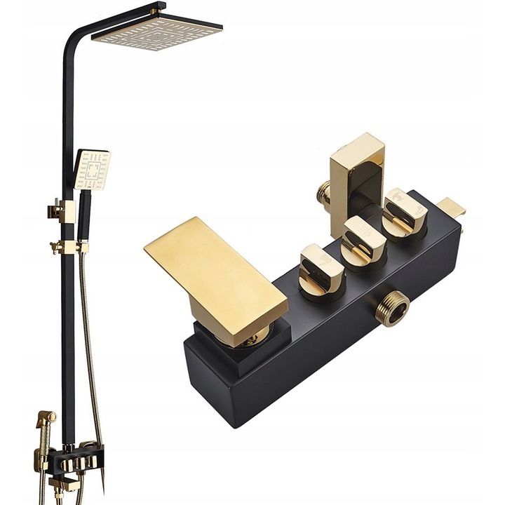 Baterie sanitara multifunctionala, negru mat si auriu lucios, cu cap ceramic, set complet cu dus si robinet, latime dus 20cm