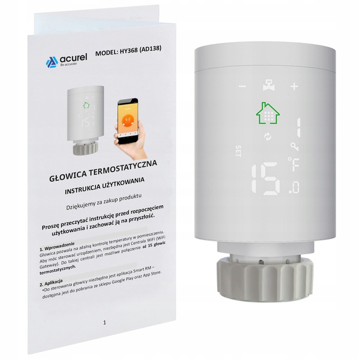 Acurel WiFi termosztát készlet, 3 adapter, 2x VARTA AA elem, M30x1.5, 52x89.5mm