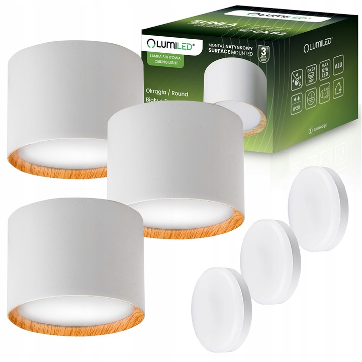 Комплект от 3 LED лунички за повърхностен монтаж Lumiled SUNLA 8W 3000K бял с дървени акценти