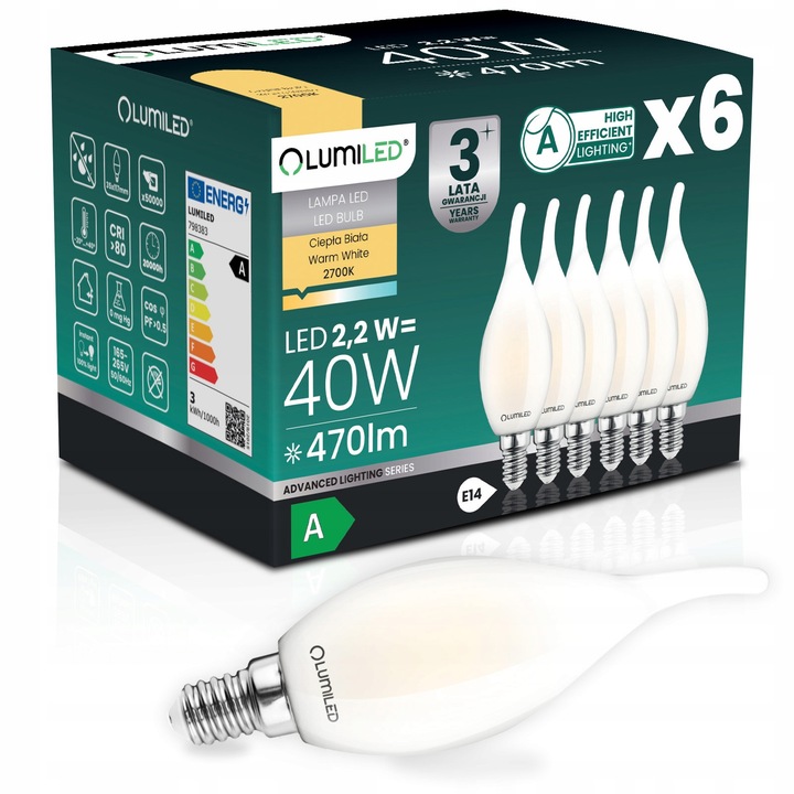 Set 6 becuri LED E14 Lumiled 2,2W 470LM 2700K 360°