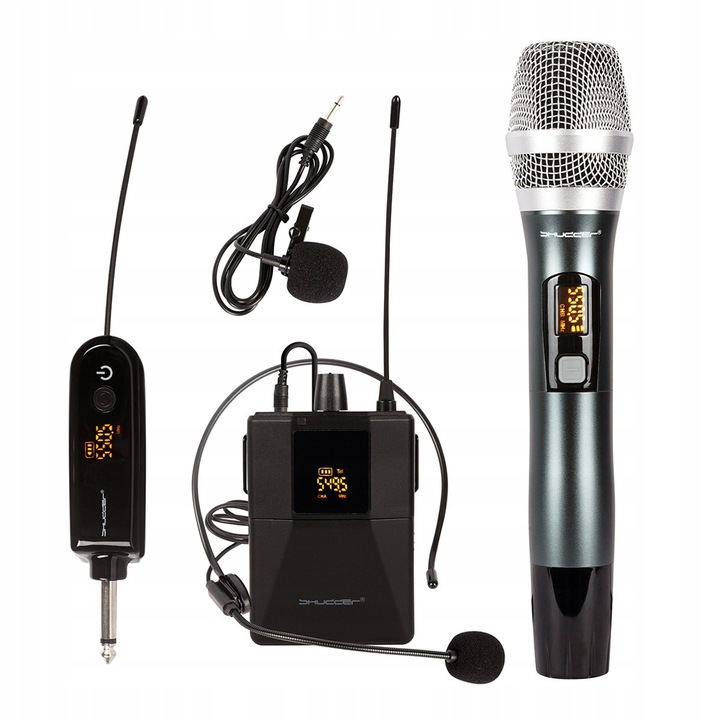 Комплект безжични микрофони Shudder SDR703, ръчен микрофон + микрофон с каска, 2 канала, 50м разстояние, черен