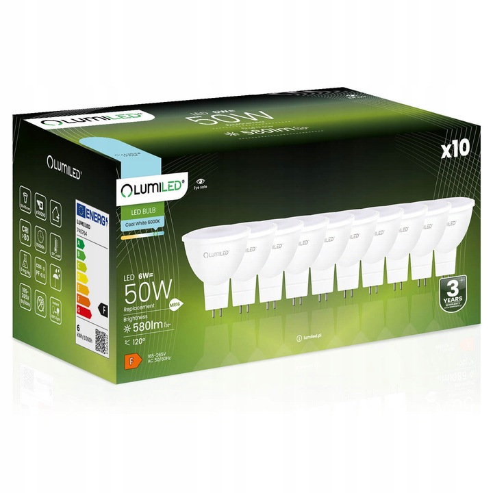 Set 10 Becuri LED MR16 6W 6500K Alb Rece 50x55mm