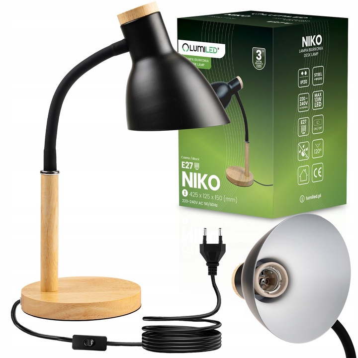 Irodai lámpa Lumiled, fekete, állítható karral, E27