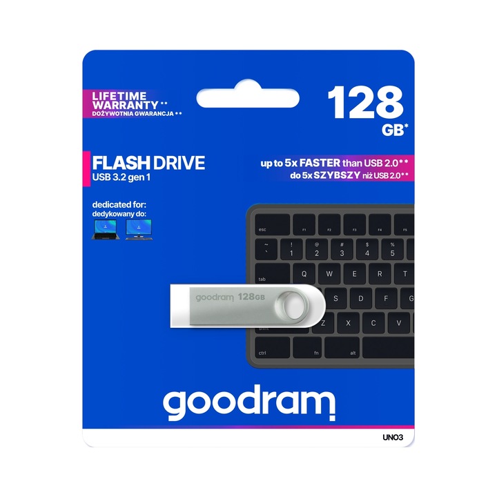 Флашка 128GB, Goodram, UNO3, USB 3.2, сребриста, 38x12,5мм