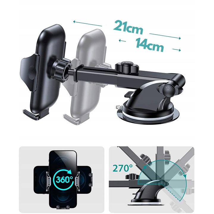 Suport auto pentru telefon, 3 in 1, 360°, съвместим със смартфони 4-7.5", комплект със закрепване за табло, стъкло и решетка
