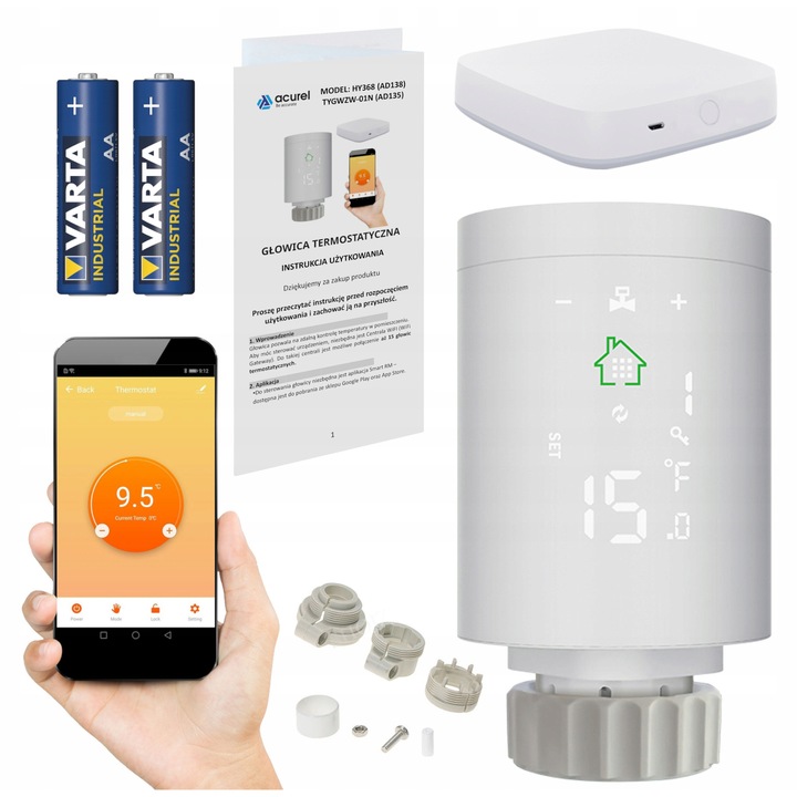 Комплект Термостат WiFi Acurel, с Метална Термостатична Глава, 3 Адаптора, 2x Батерии VARTA AA, Бял