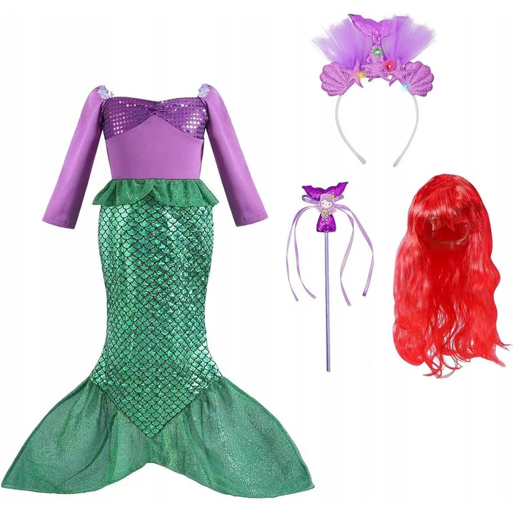 Costum de printesa sirena pentru copii, cu peruca si banda luminoasa, marimea L (130-140 cm)